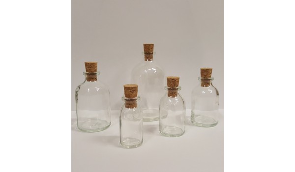 Buteliukas, skaidraus soda-lime stiklo (su kamšteliu)